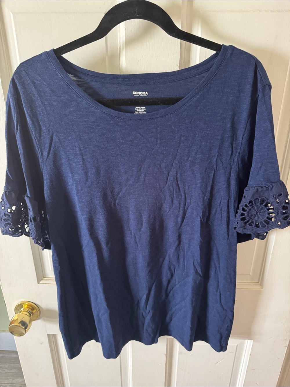 SONOMA Navy Short Sleeve Top with Crochet Trim
